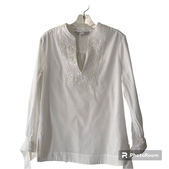 Trina Turk Tiburon White V-Neck Blouse With Embroidery & Tie Sleeves Siz… - Picture 1 of 12